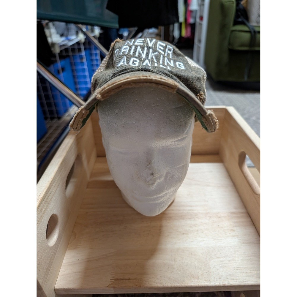 Retro Brand Trucker Hat Women OS Olive Green Excellent Distressed Funny Graphic